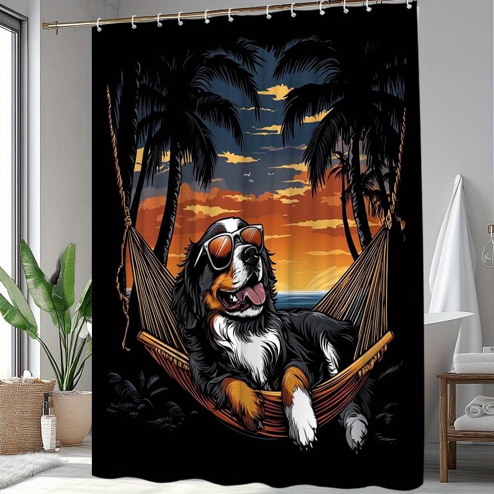 1Pc Sunbathing Curtain Dog Hammock Palm Tree Tropical Beach Sunset Bathroom Decor Polyester Fabric With 12 Hooks, 180X180Cm
