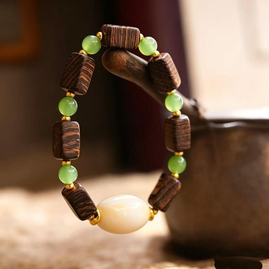 Exquisite Carved Agarwood & Jade Design Bracelet for Women