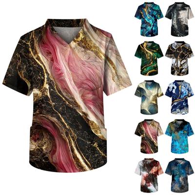 Men's Printing Short Sleeve V-neck Working Blouse Chest Pocket Carer Top
