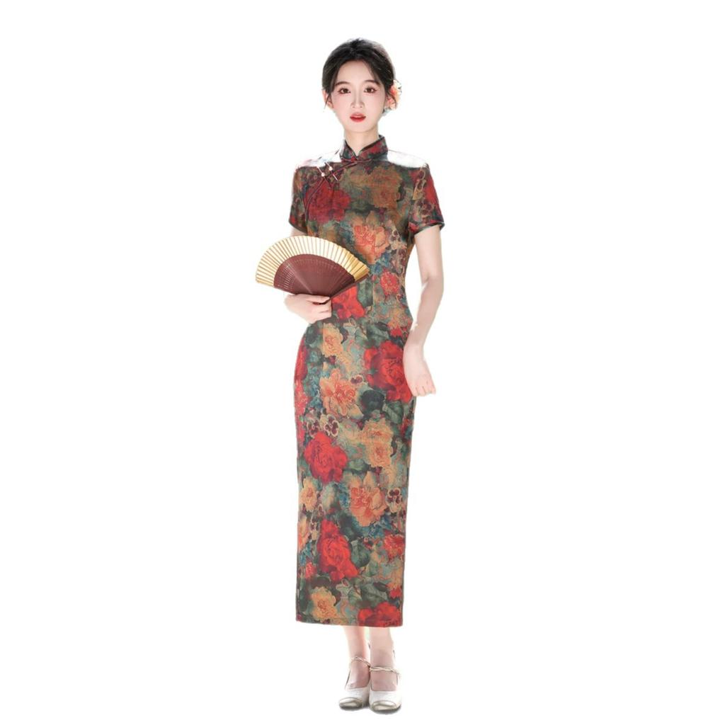 1011 national style spring and summer new cheongsam dress temperament double-sided satin slim dress performance clothes