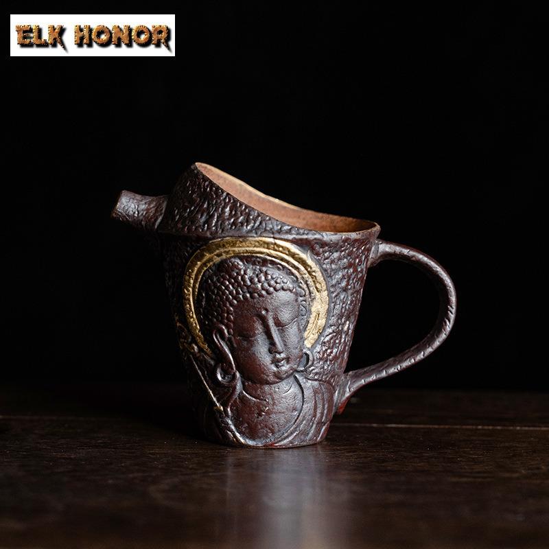 160ml Old Pottery Mud Fair Cup Zen Ceramic Gilded Tea Pitcher Retro Cha Hai Justice Cup Coffee Divide Tea Services Craft Gifts 12X9.5CM 160ML