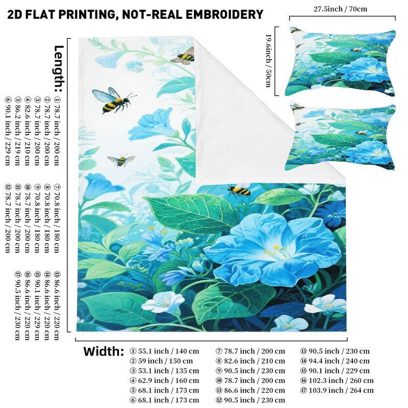 Pillowcase Quilt Cover 3-Piece Bedding Blue Flower And Bee Pattern,Washable,Durable 140cmx200cm