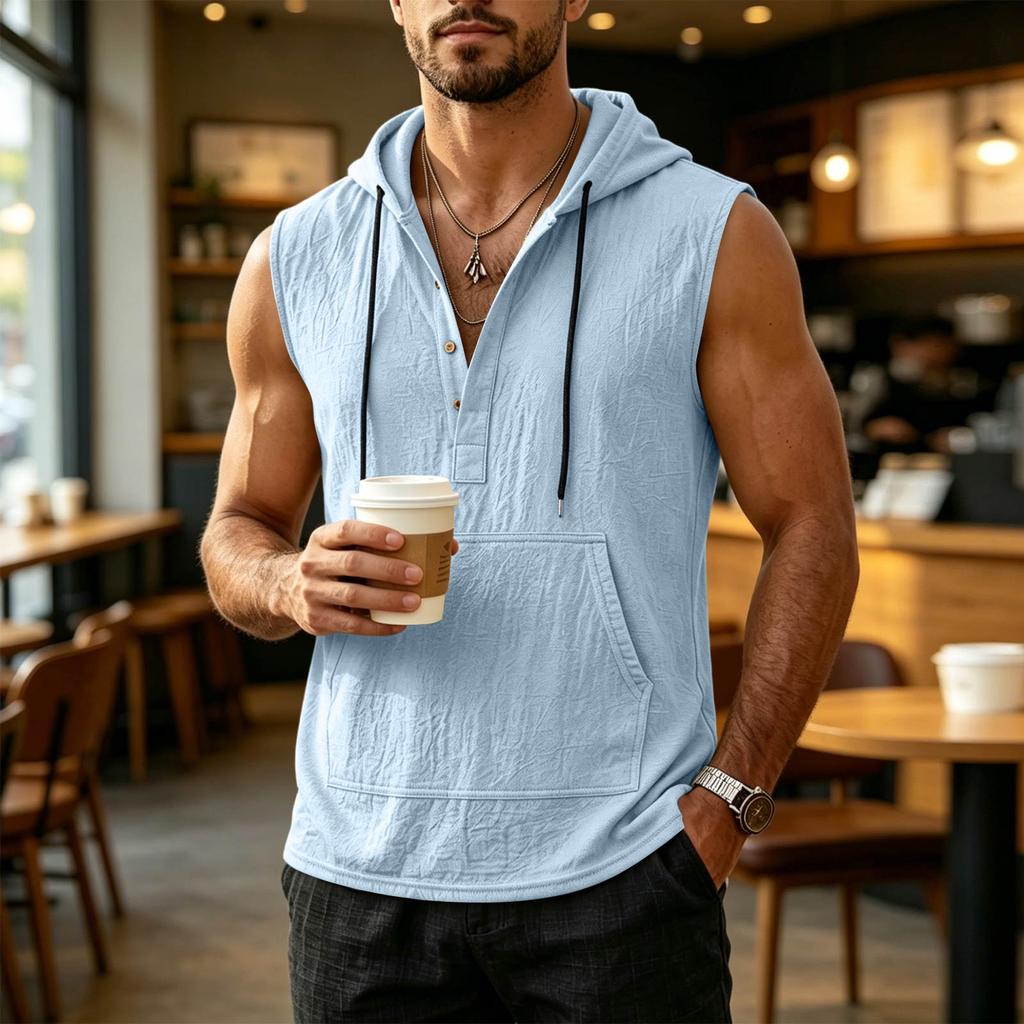 Men's Summer Loose Fit Sleeveless Hoodie Vest Casual Linen Pullover Shirt Lightweight Breathable Beachwear