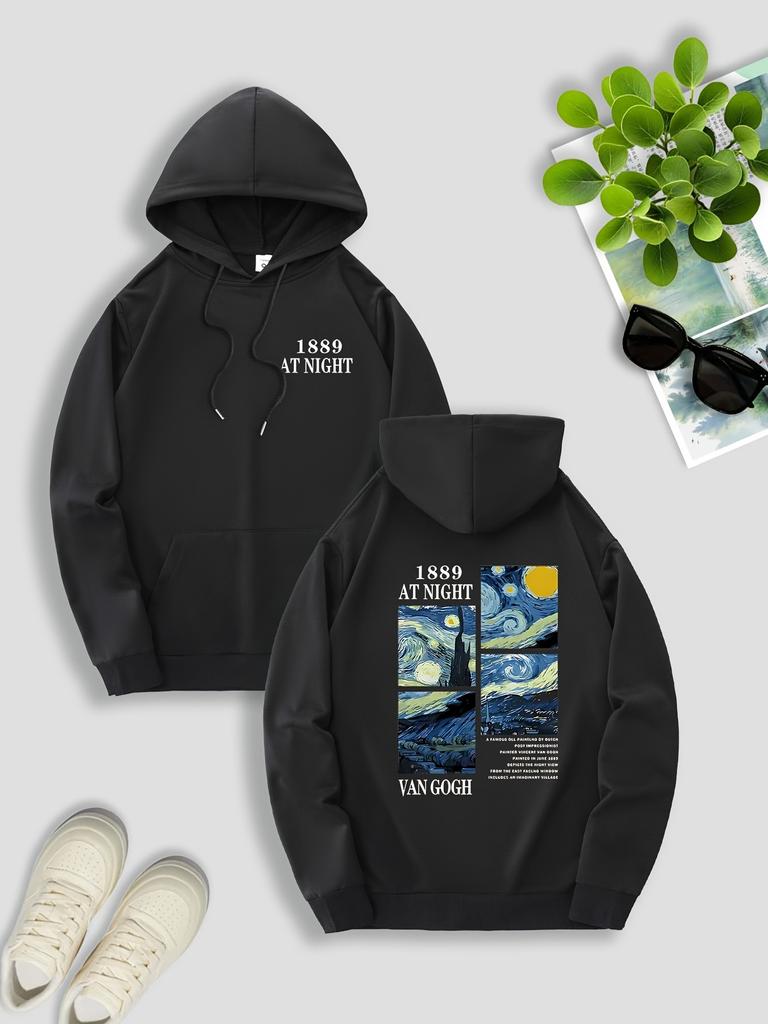 Men'S Double Sided 1889 At Night Starry Sky Print Hoodie with Kangaroo Pocket Drawstring Casual Streetwear for Fall Winter,
