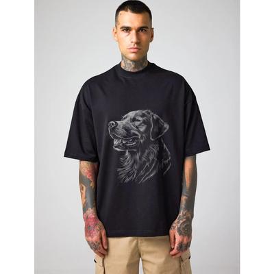 Per dydžio apvalios apykaklės T-shirt Juodas šuns grafinis printas Vyriški Streetwear Atsitiktinis aprangos elementas Mados pareiškimas Viršus