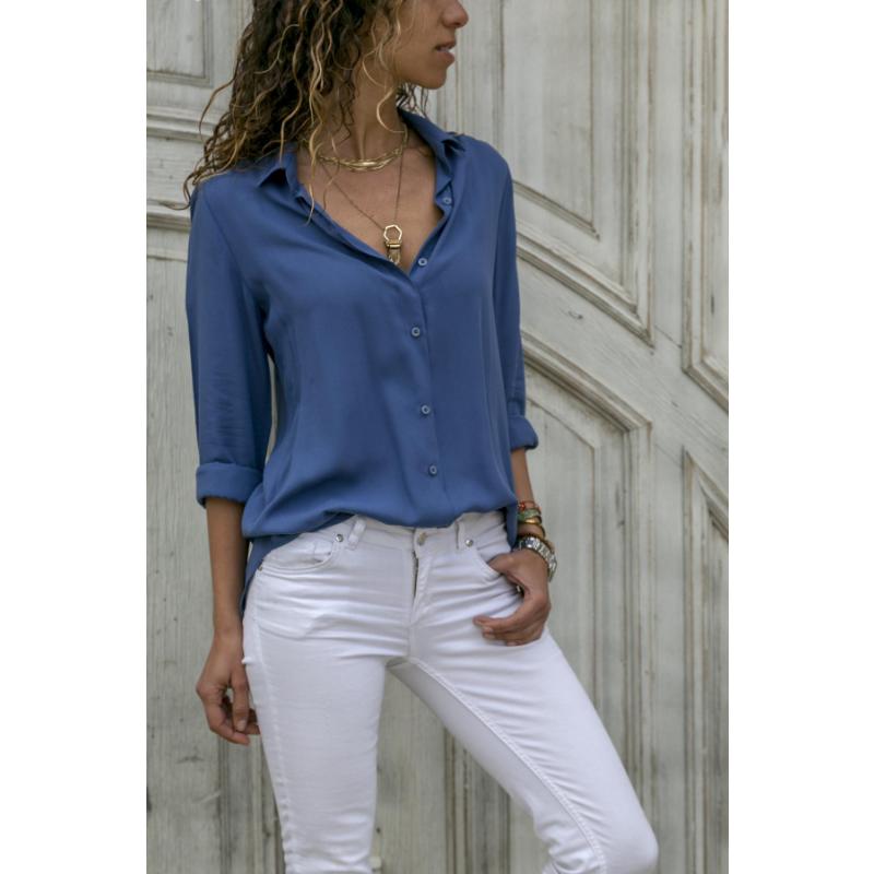 Women's Spring Autumn Chiffon Blouse Long Sleeve Deep V Neck Button Down Solid Color Casual Office Plus Size Shirt for Ladies