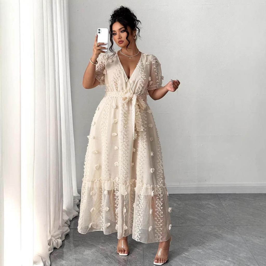 Plus Size Apricot V-neck Puff Sleeve Floral Chiffon Maxi Dress