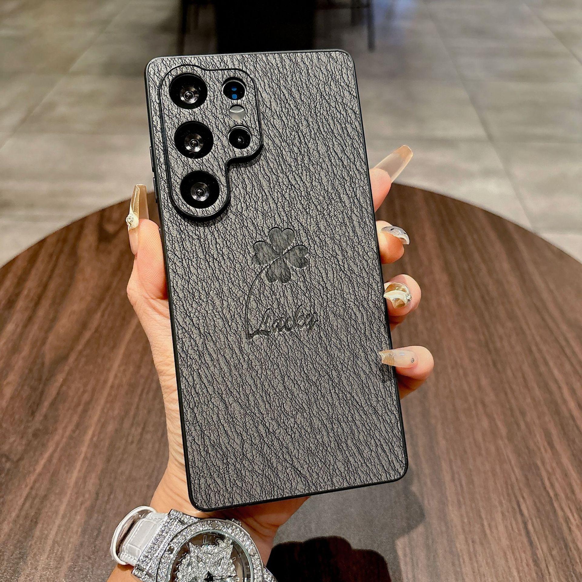 

Samsung S25ultra Four Leaf Clover Mobile Phone Case Full Inclusive S24FE Simple Thin Circle Magnetic Leather Absorbing Shell Galaxy S22 Plus