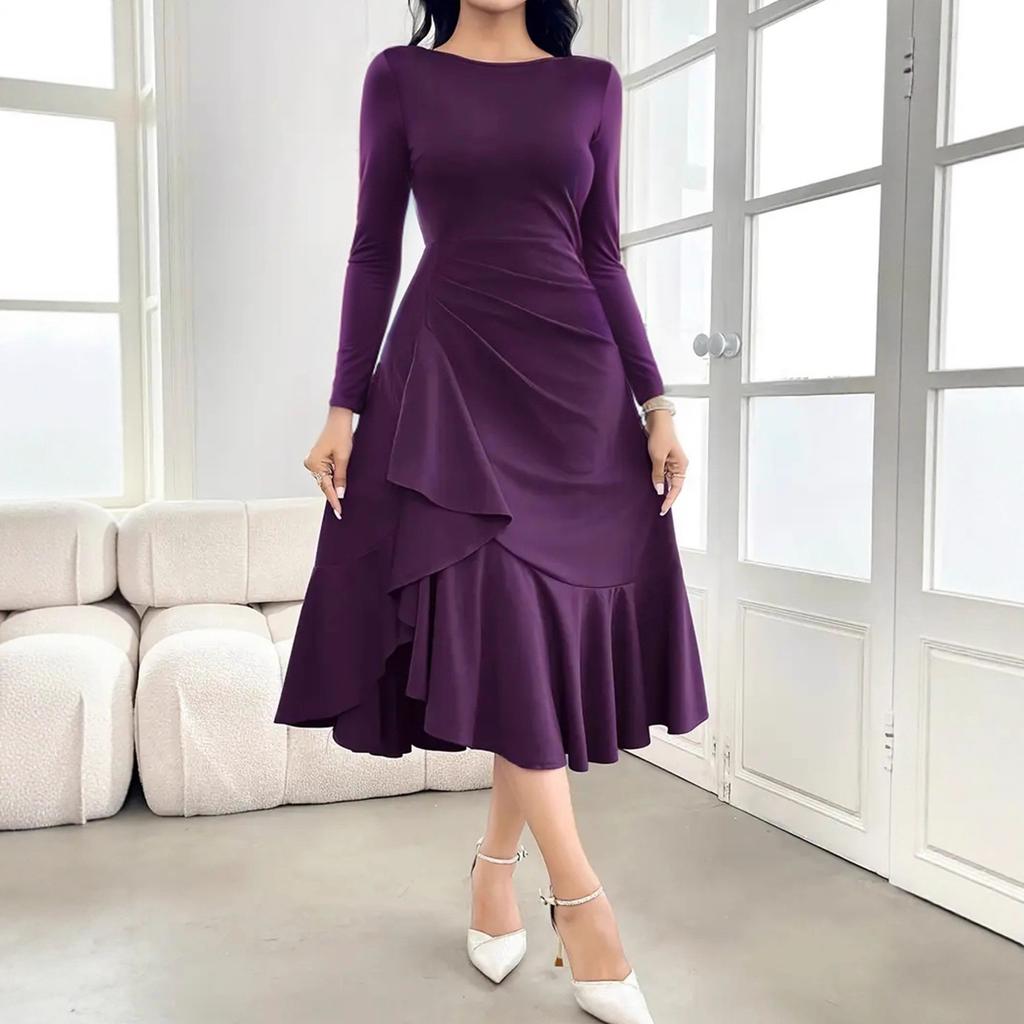 Fashionable and Elegant Solid Color Long Sleeve Round Neck Women's Dress In Autumn and Winter