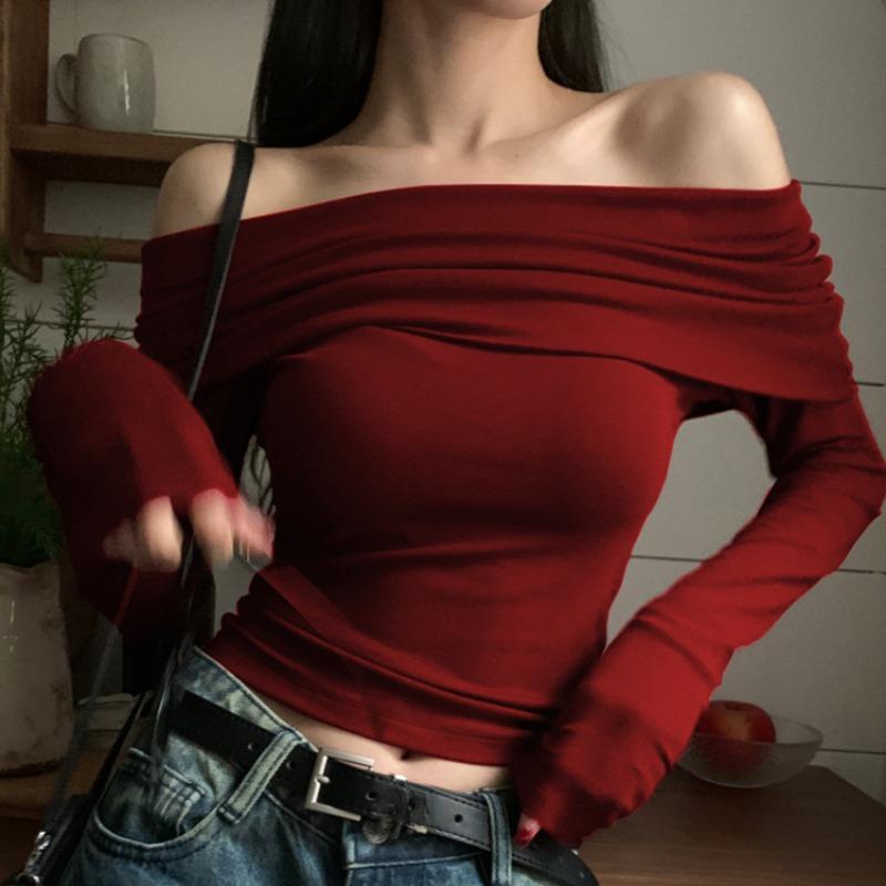 Temperament de primăvară Femei Decolteu oblic Cămăși sexy Elegante Mânecă lungă Umeri goi Bluze tricotate Femei Casual Stradă Solidă Modă Croială slim Topuri 25998