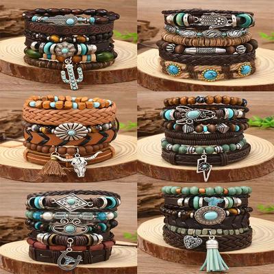 Lederarmbänder für Männer Frauen Handgefertigt Wickel Geflochtene Manschettenarmbänder Holzperlenarmbänder Vintage Ethnisch Stammes-Armbänder Armband-Set Verstellbar