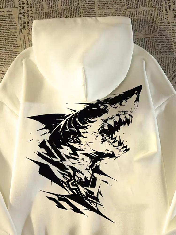 2025 Autumn Gothic Shark Printed Hoodies Men's Hip Hop Fashion Cotton Fleece Hooded Sweatshirts Y2K Streetwear Hoody Clothes