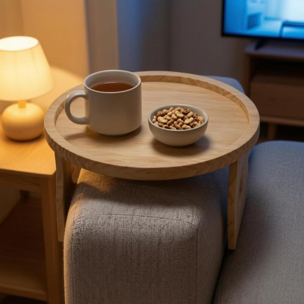 Sofa Arm Tray with Folding Legs Solid Wood Raised Rim Finish