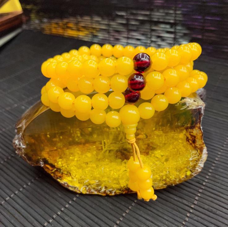 Ethnic Style Amber-Look Buddhist Beads Bracelet - Unisex Chicken Fat Yellow Strand