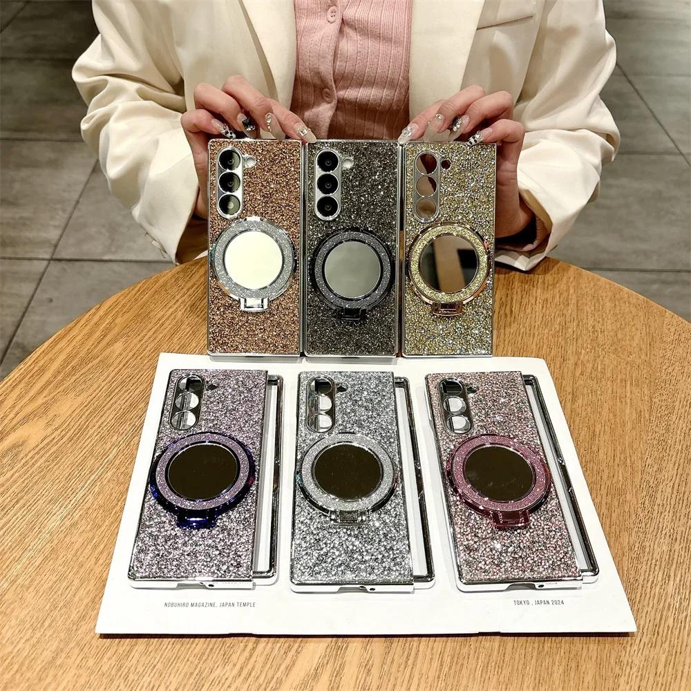 Luxurious Fashion Glitter Mirror Stand Magnetic Phone Case for Samsung Galaxy Z Fold 7 6 5 6 4 Plating Bling Diamond Back Cover