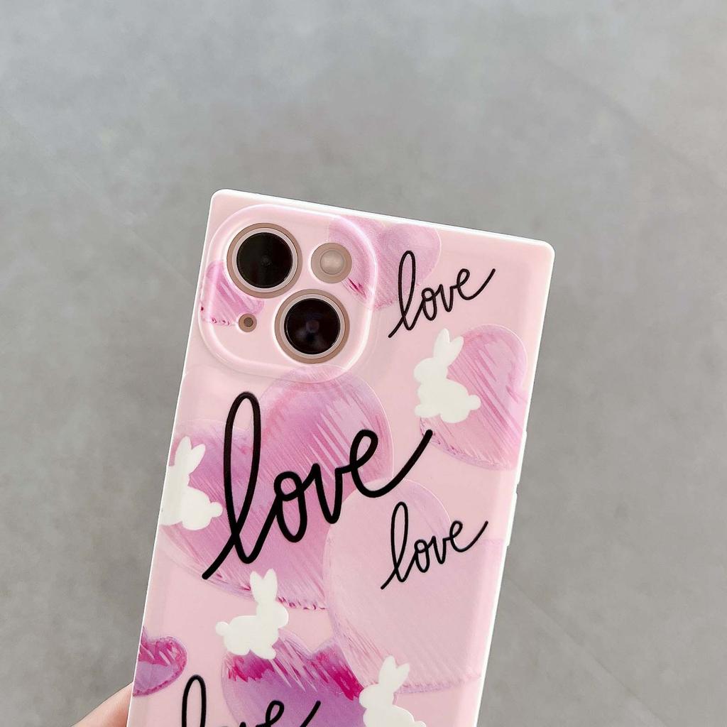Ins Sqaure Cute Rabbit Love Cartoon Pink Heart Lovely Silicone Shockproof Phone Case For Iphone 14 Pro Max Plus 13 12 Promax 11