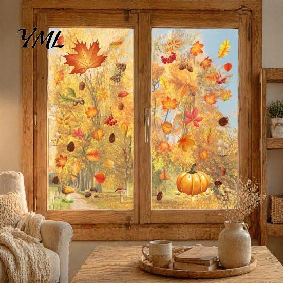 Nature Theme Window Art 5Pcs Autumn Maple Pumpkin Static Clings, Fall Harvest Stickers, Decorative PVC Glass Stickers Glue-Free Removable Decor