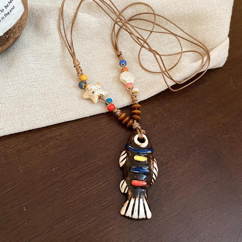 Ethnic Style Y-Shaped Ceramic Fish Necklace for Women Wooden Rope Handmade Bead Tassel Charm Bohemian Style Exquisite Accessory