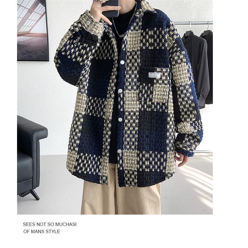 Men's Plaid Tweed Jacket Casual Button Down Shacket Coat Long Sleeve Loose Fit Streetwear Autumn Winter Fashion Outerwear