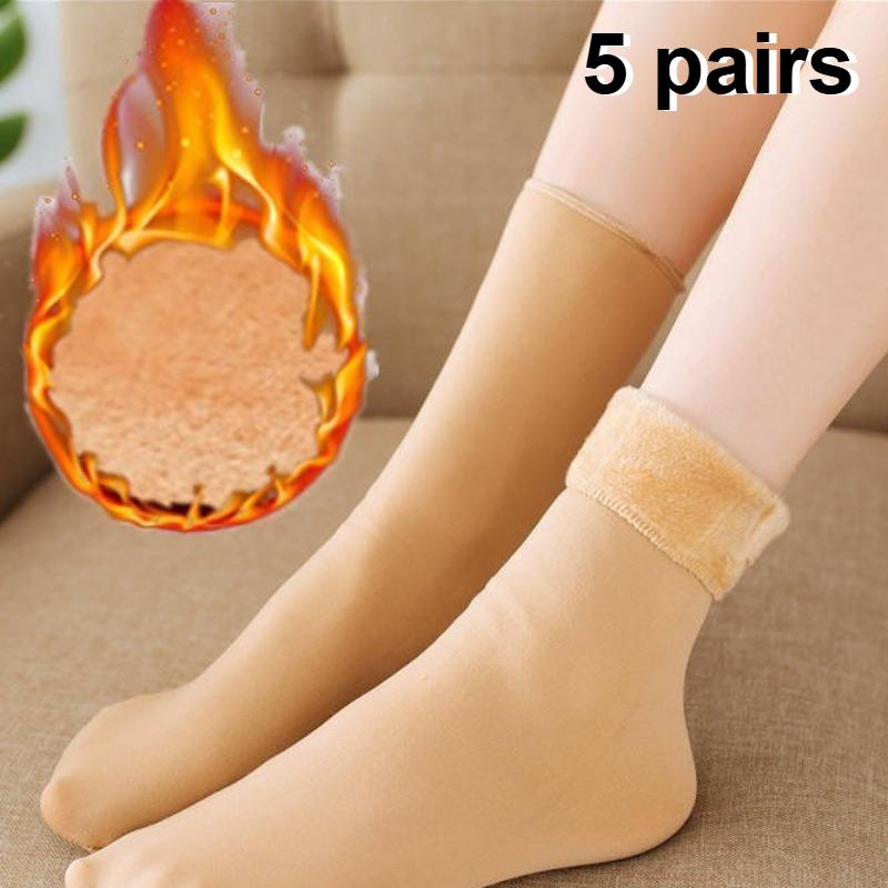 5 Paar Winter Warme Einfarbige Damen Socken Verdicken Thermosocken Wolle Kaschmir Schwarz Haut Nahtlose Schneesocke Samt Unisex Socken