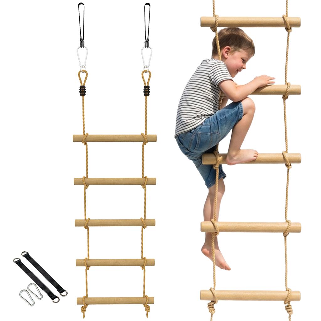 5 Step Climbing Ladder For Children With 2 Carabiners And 2 Tree Straps For Ages 3 8 Years 40 X 3.5 X 180 Cm Natural