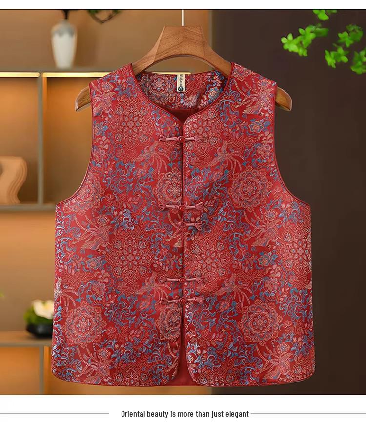 Elegant Jacquard Frog Button Vest for Middle-Aged and Elderly Mothers, Sleeveless, Versatile Spring Collection