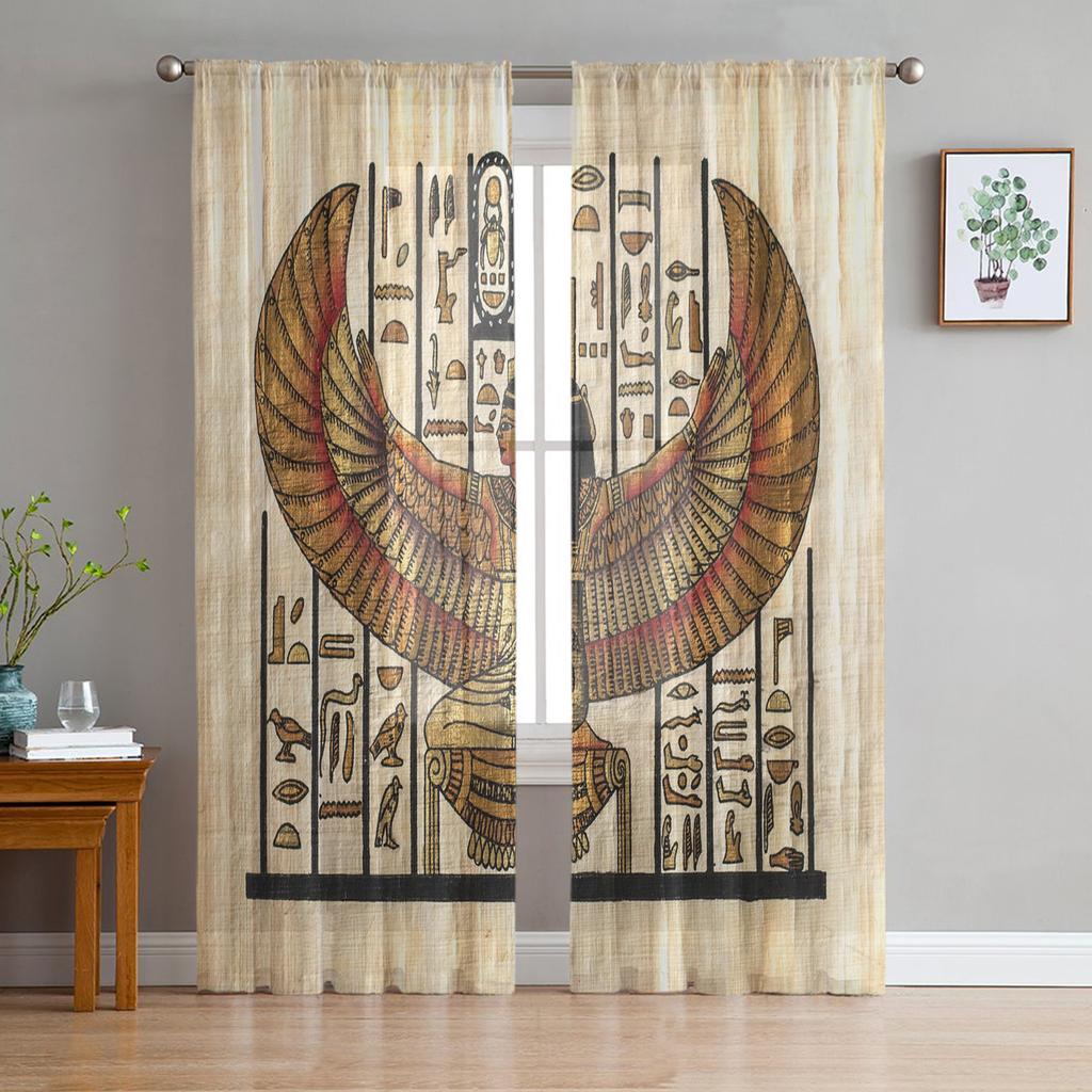 Ideal for Living Room Bedroom Space Space Decoration Window Opening Voiles Morning Tulle Drape1 - Ancient Egypt Art Cat Feather Retro Sheer Curtains