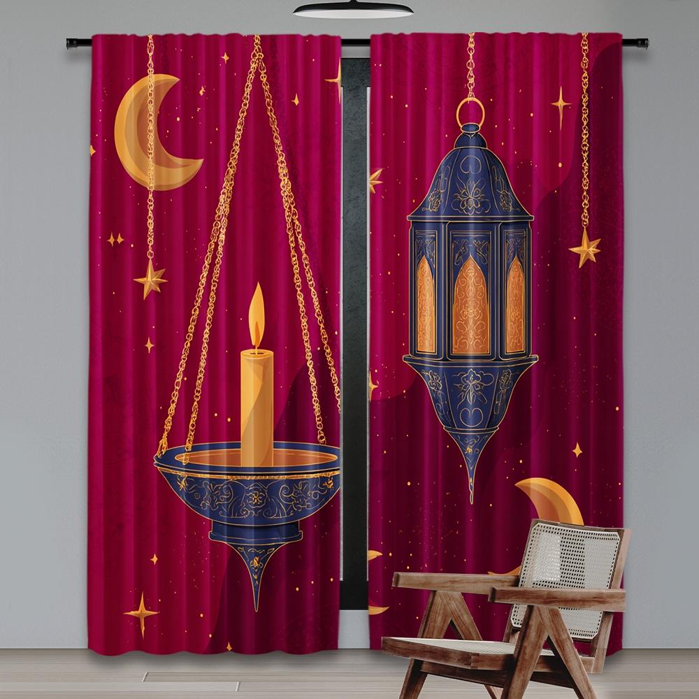 Set Of 2 Flat Printing Curtains Celestial Moons Digital Printed Polyester Drapes Festive Holiday New Year Carnival Curtain