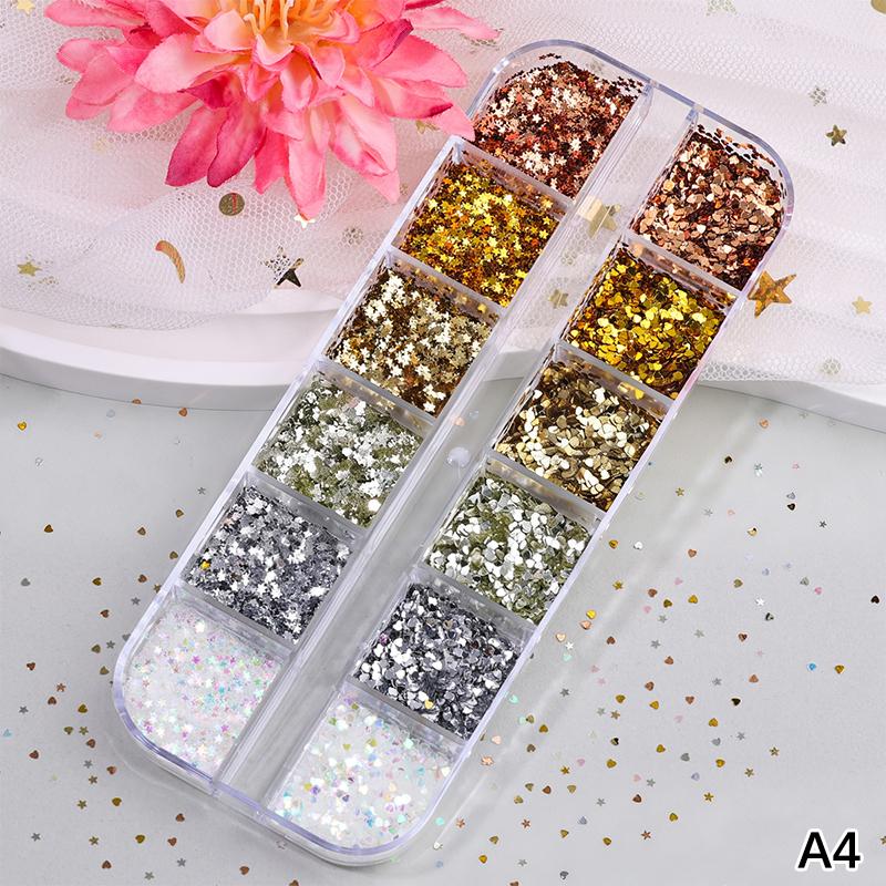 12 Grids Mixed Star Heart Nail Glitter 1Mm Star Sequin Nail Art Diy Colorful Sparkling Nail Charms Nail Decoration Accessories