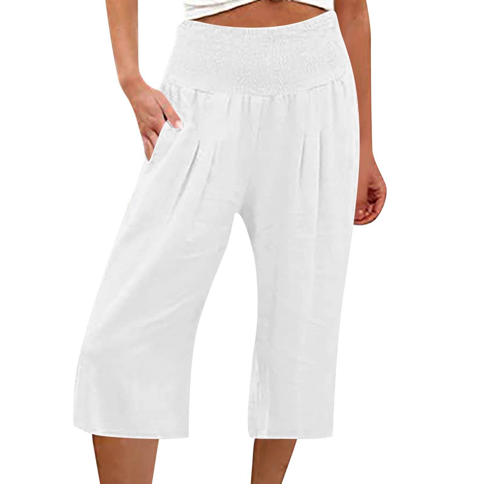 

Women s Summer 3/4 Trousers Summer Trousers With Pockets Causal Loose Trousers Fabric Trousers Sport Leisure Beach Trousers XL білий