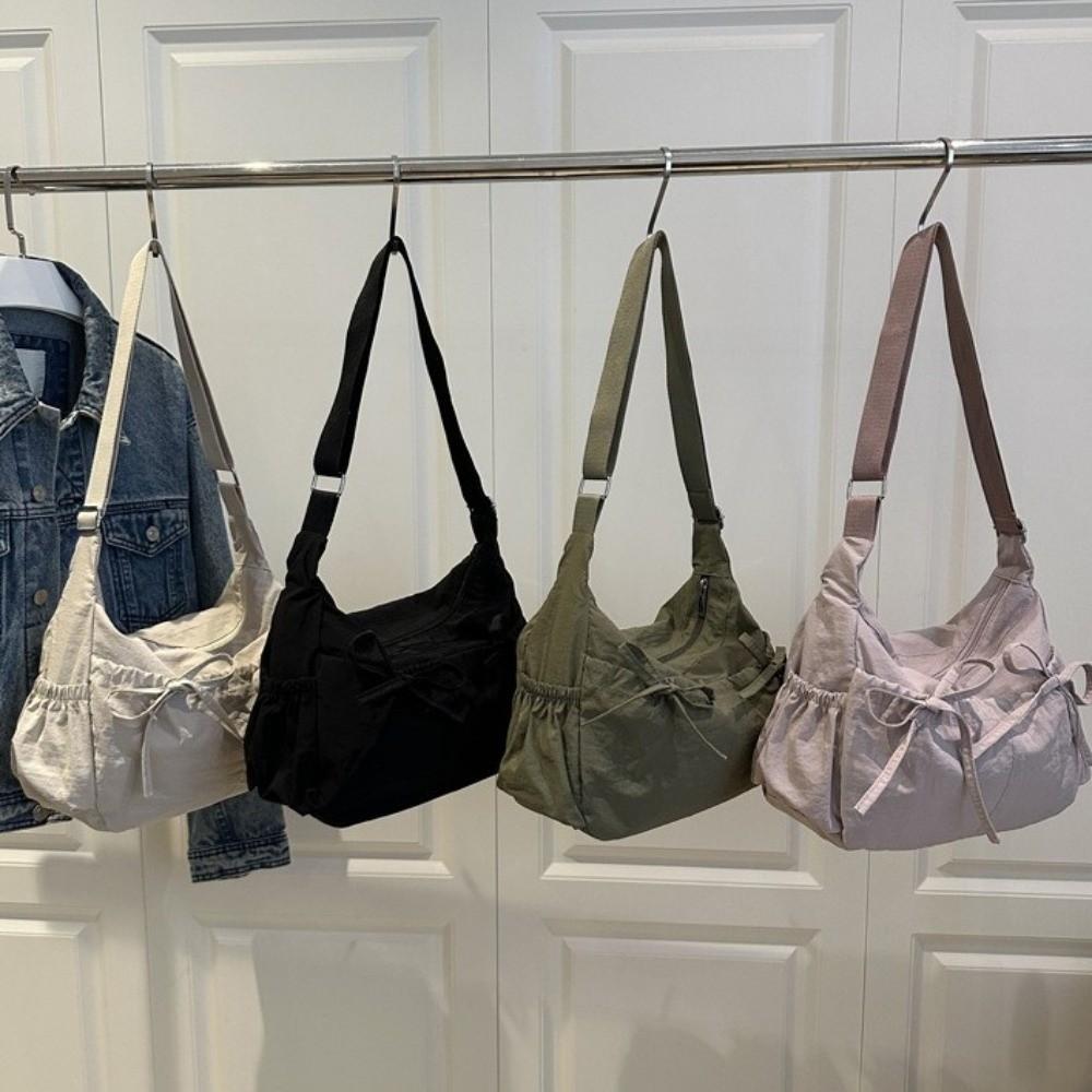 Pleated Bow Crossbody Bag Multiple Pockets Hobo Bag Sweet Nylon Shoulder Bag  Girls