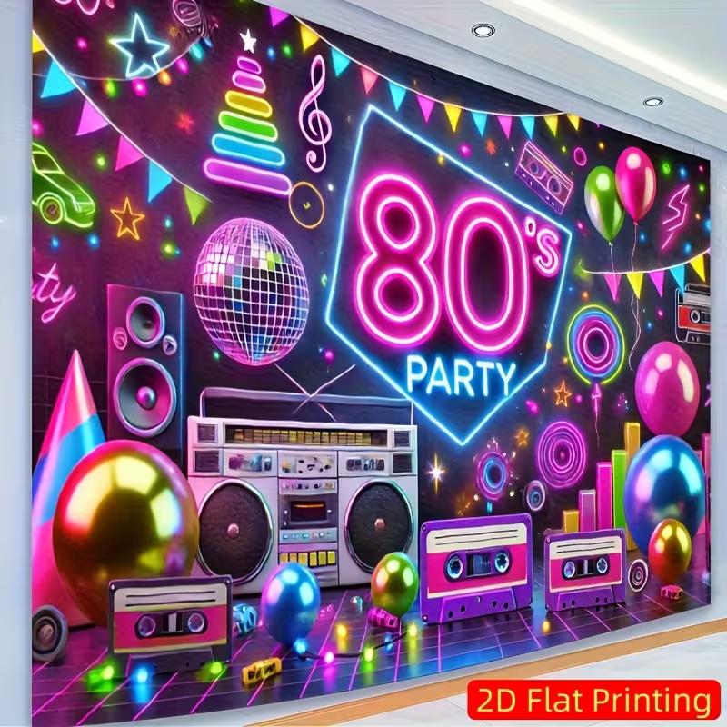2D 80er Jahre Party Banner, Neon Boombox & Discokugel Hintergrund