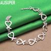 925 Sterling Silver Antique Heart-Shaped Side Chain Romantic Bracelet Gift Jewelry