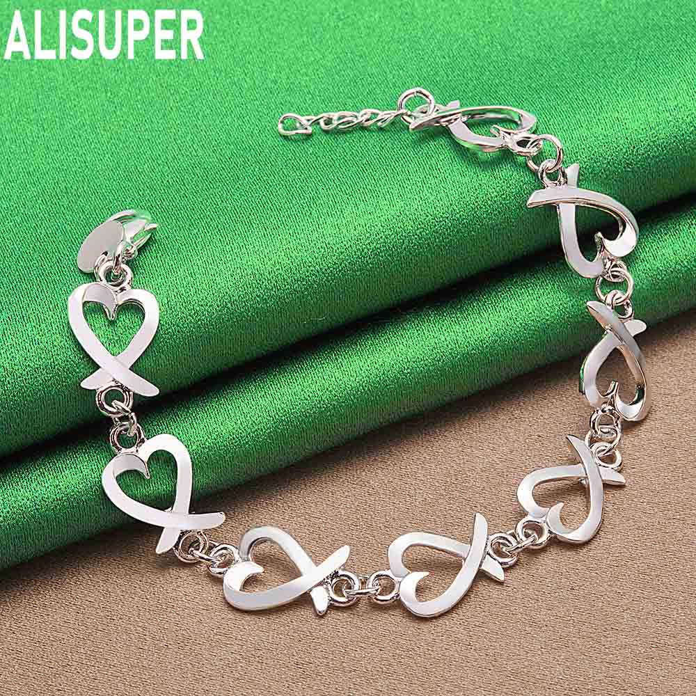 925 Sterling Silver Antique Heart-Shaped Side Chain Romantic Bracelet Gift Jewelry