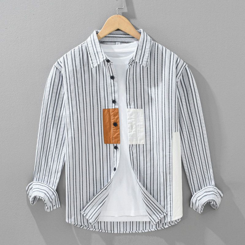 Japanese-Style Design Patchwork Striped Casual Shirt for Men, Unique Loose Long-Sleeve Shirt Jacket, Hong Kong Fashion Brand