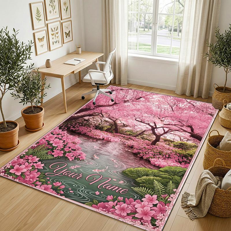 Cherry Blossom Theme Soft Crystal Velvet Rug Custom Name & Text Print Non Slip Floor Rug for Bedroom Living Room