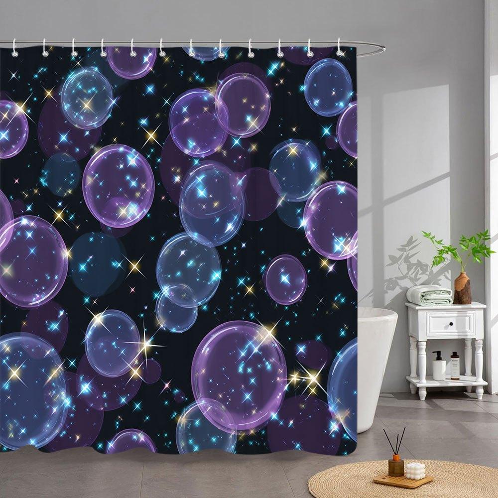 1Pc Cosmic Bubbles Bath Curtain - Whimsical Space Theme With Glowing Blue Purple Yellow Orbs & Twinkling Starry Night Sky Design