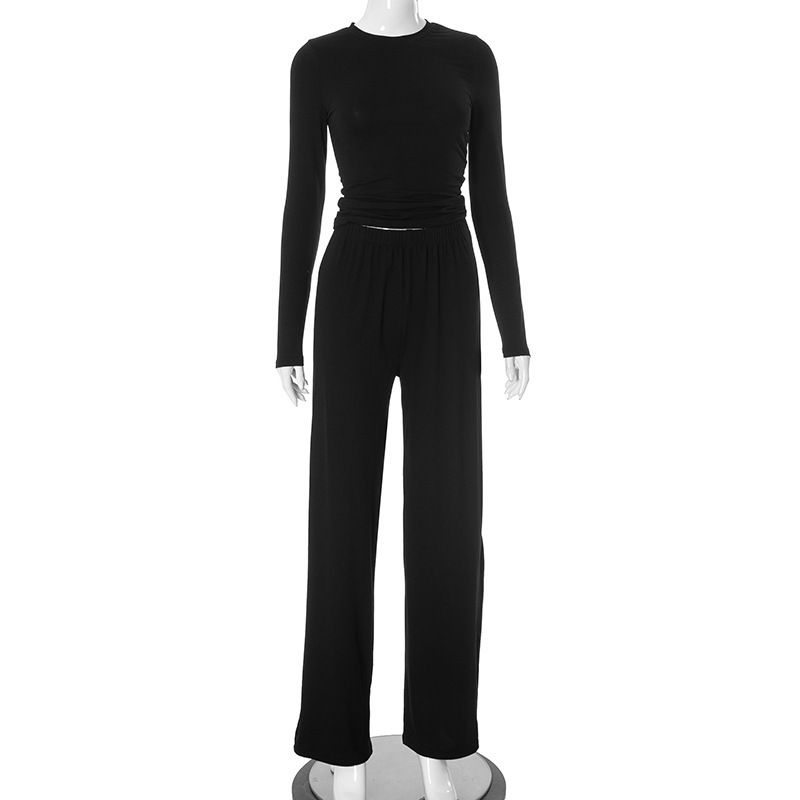 Suit European and American Leisure Women clothes New Solid Basic Comfortable Long sleeve Top Wide Leg Pants Two-piece Suit Women