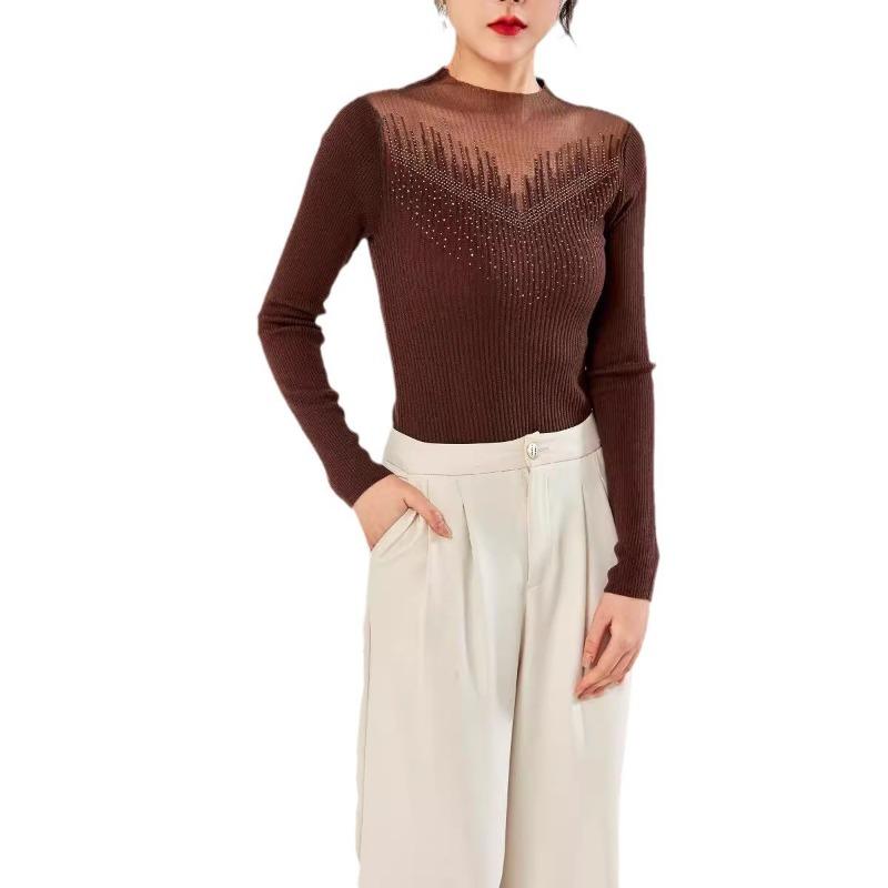 Silk wool knitted bottoming shirt women's long-sleeved winter new hot diamond semi-turtleneck top slim-fitting sweater