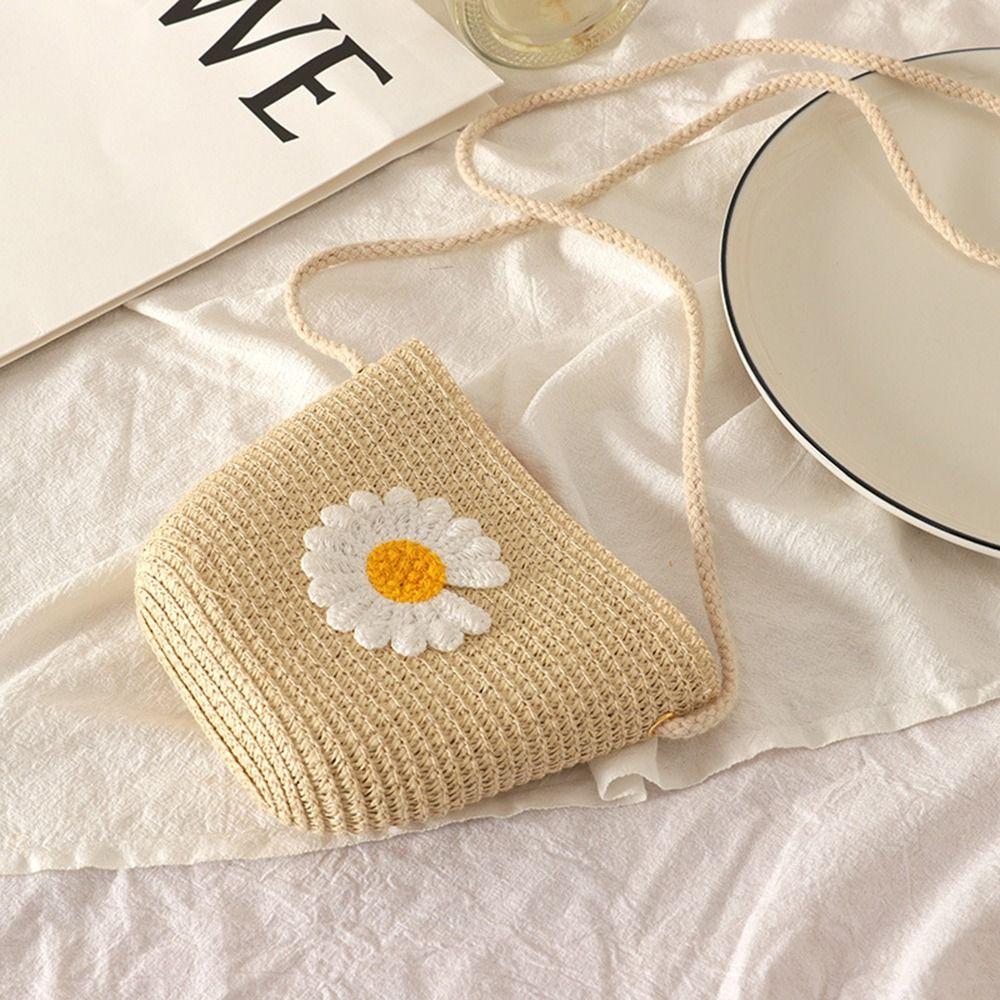Children's Straw Beach Bag Cute Heart Pattern Shoulder Bag Straw Crossbody Bag Handbag Baby Coin Purse