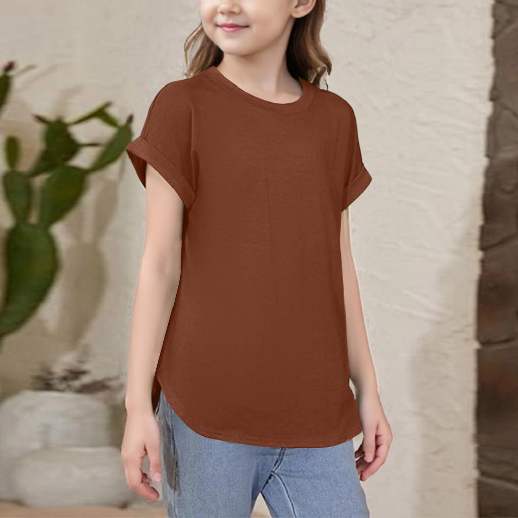Girls Short Sleeve T Shirts Kids Crewneck Curve Summer Tees Hem Tops Sleeve T Shirts