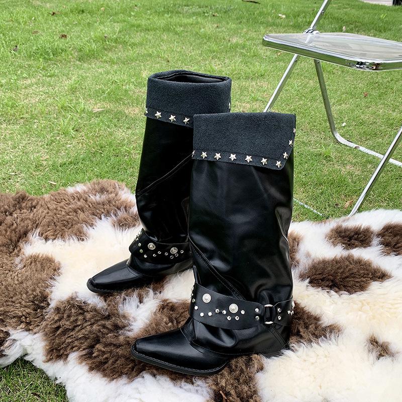 Large Size Pointed Retro Riveted Trouser Tube Boots Autumn Thick Heel Metal Buckle Niche Design Sense Stacking Boots
