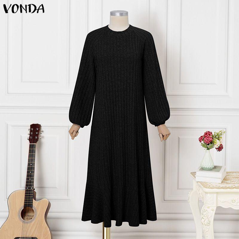 VONDA Autumn Women O Neck Long Sleeve Ribbed Texture Knitted Casual Basic Maxi Swing Dress S