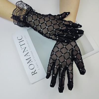 Sexy Spitze Strass Handschuhe Halloween Schwarzes Netz Elegante Kurze Damen Handschuhe Glänzende Diamant Fäustlinge Kostüm Für Braut