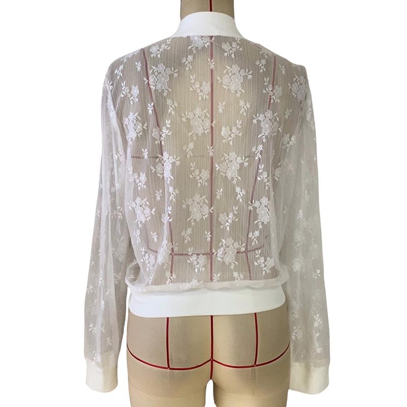 Ladies Jacquard Lace See-Through Solid Color Zipper Cardigan Jacket Coat