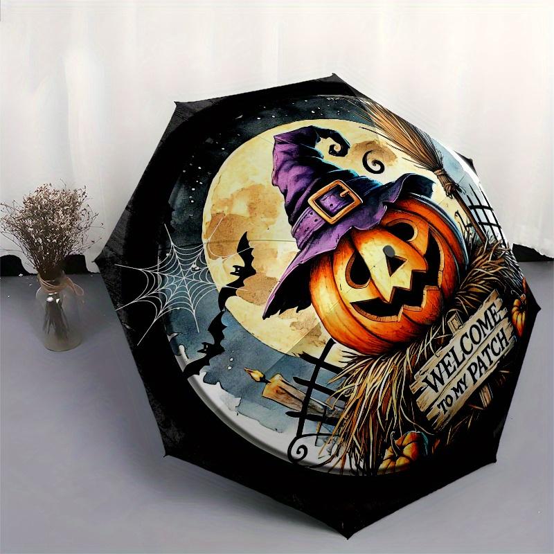 Halloween Decorative Plate with Witch Hat PumpkinDesignUmbrella, Portable 3-Fold Compact Umbrella for Men & Women Gift