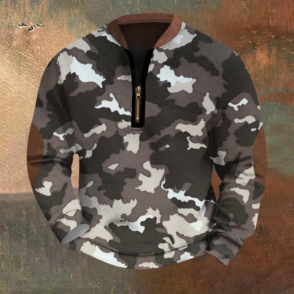 Men's Fashion Casual Half Zip Neck Loose Long Sleeve Camouflage Sweatshirt