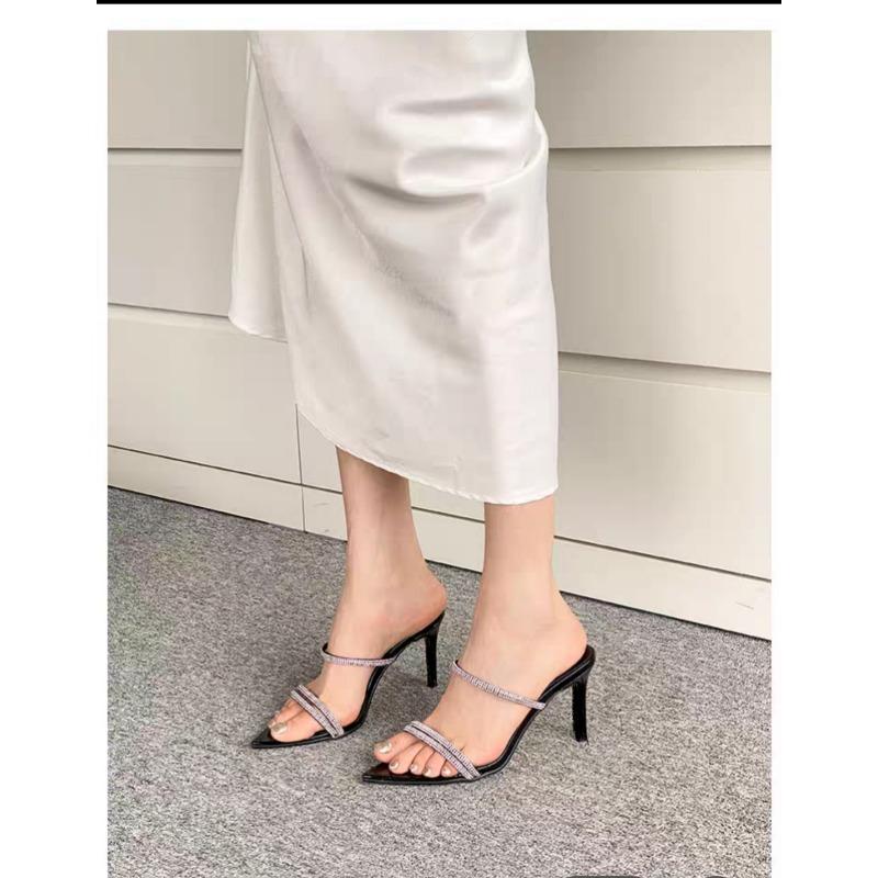 Fashion 2025Sexy High Heels Slippers Rhinestone Dress Party Shoes Summer Mules Thin Heels Runway Slippers Crystal Sandals Woman