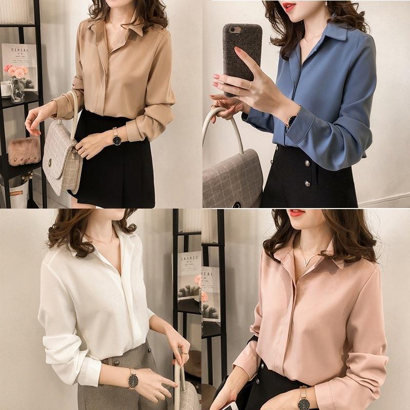 Koszule damskie Bluzki z długim rękawem V Neck Szyfonowa bluzka Topy OL Styl biurowy Blusas