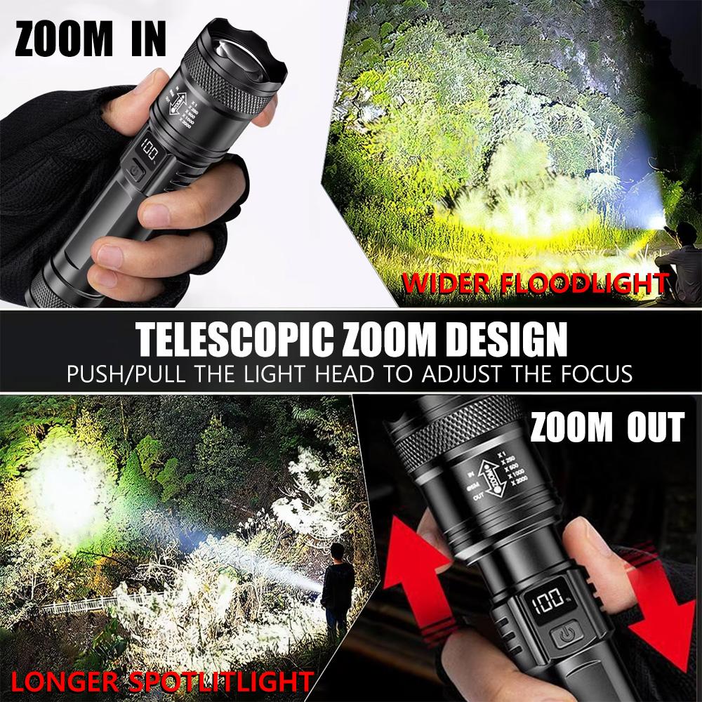 High Strong Power Led Flashlights Portable Tactical Torch with Display Light Rechargeable Camping Fishing Emergency Zoom Lantern